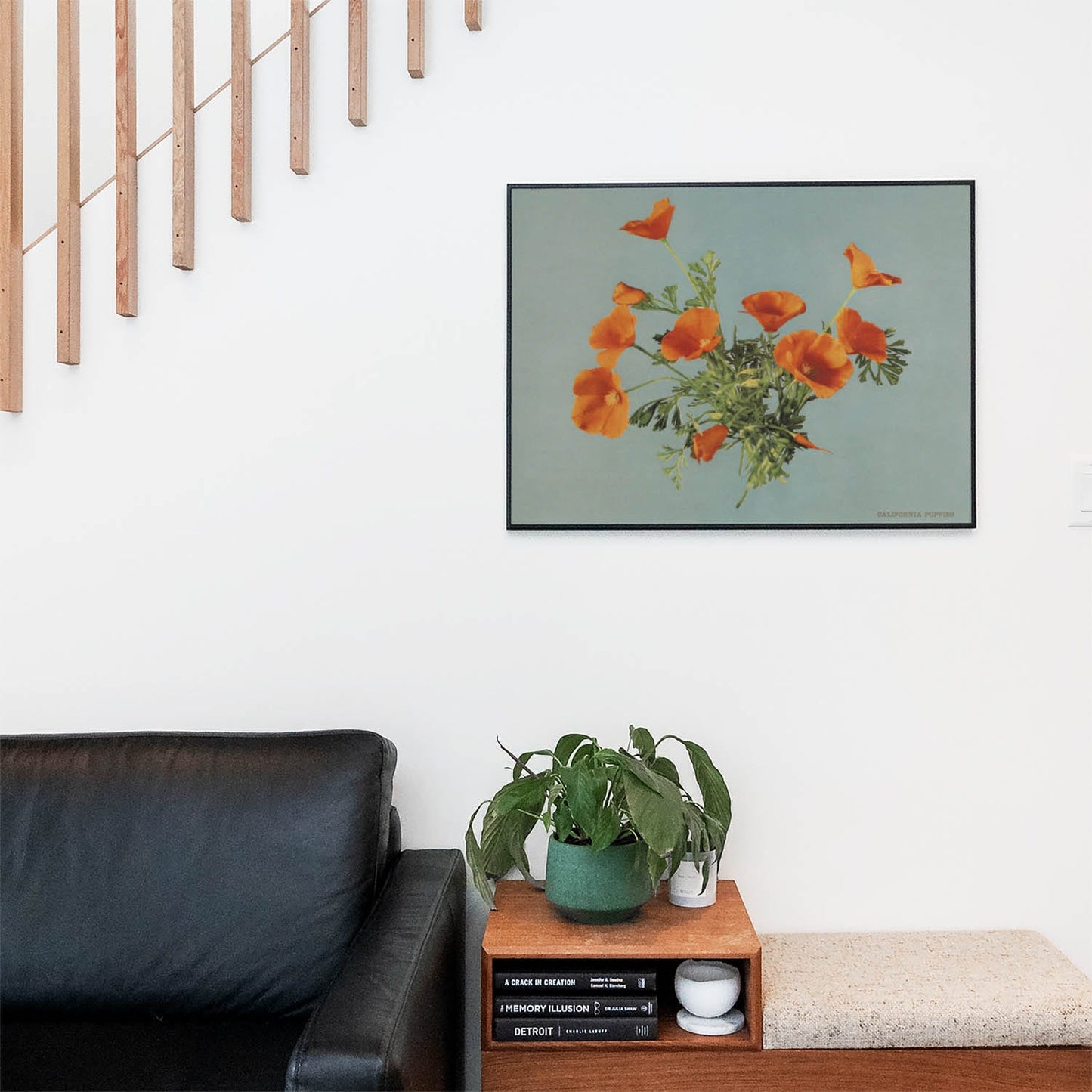 Vintage Floral Wall Art Print in a Picture Frame on Living Room Wall