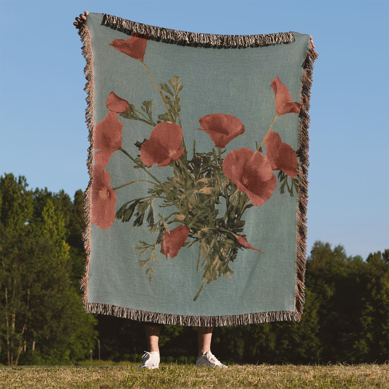 Vintage Floral Woven Blanket Held Up Outside