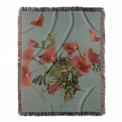 Vintage Floral woven throw blanket, crafted from 100% cotton, providing a soft and cozy texture with poppy flowers for home decor.