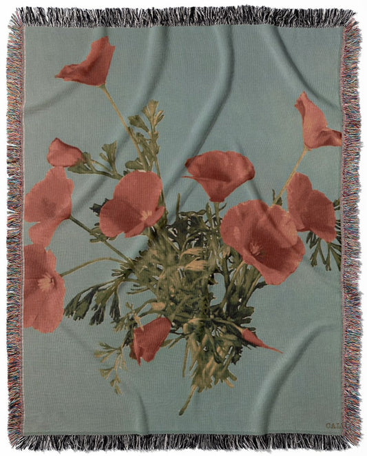 Vintage Floral woven throw blanket, crafted from 100% cotton, providing a soft and cozy texture with poppy flowers for home decor.
