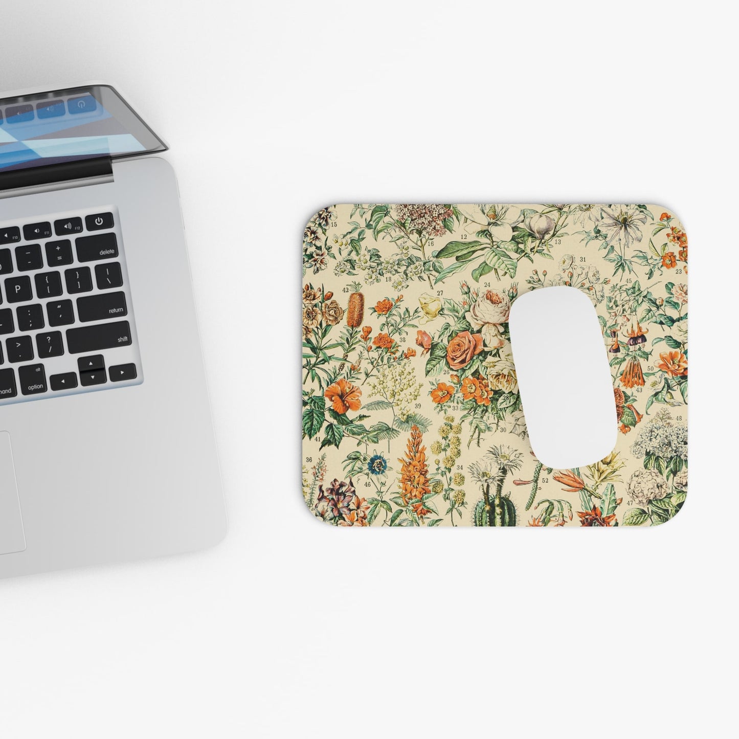 Vintage Flowers and Plants Design Laptop Mouse Pad with White Mouse