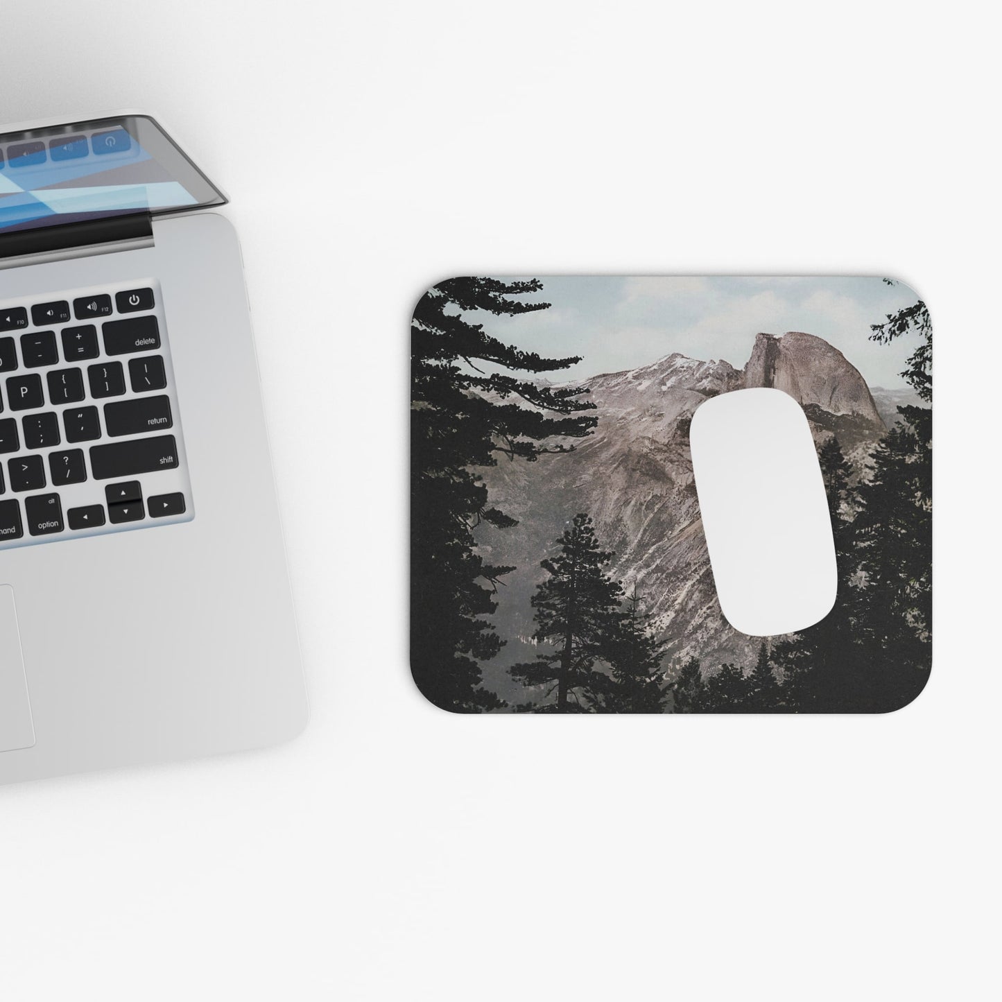 Vintage Forest and Mountains Design Laptop Mouse Pad with White Mouse