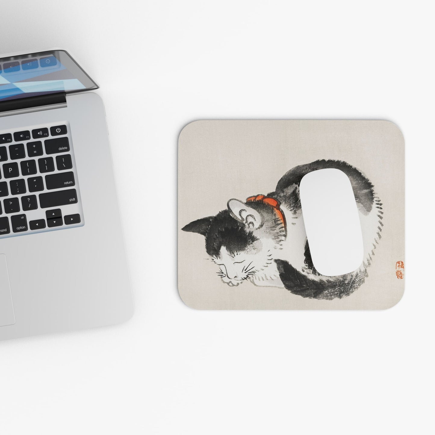 Vintage Japanese Black and White Cat Design Laptop Mouse Pad with White Mouse