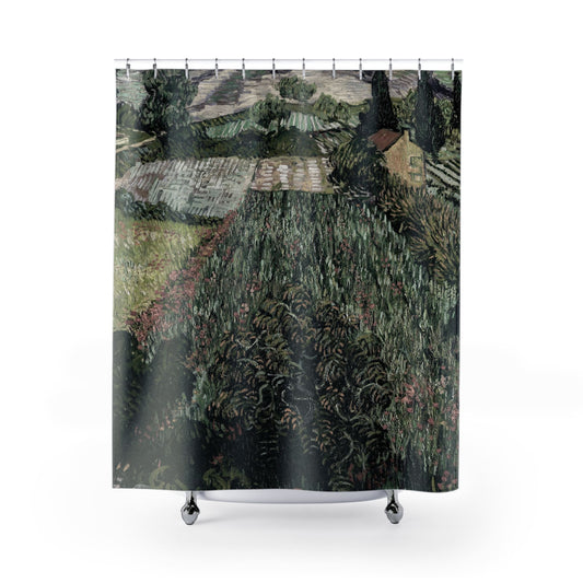 Vintage Landscape Shower Curtain with field of poppies design, picturesque bathroom decor featuring vibrant poppy fields.