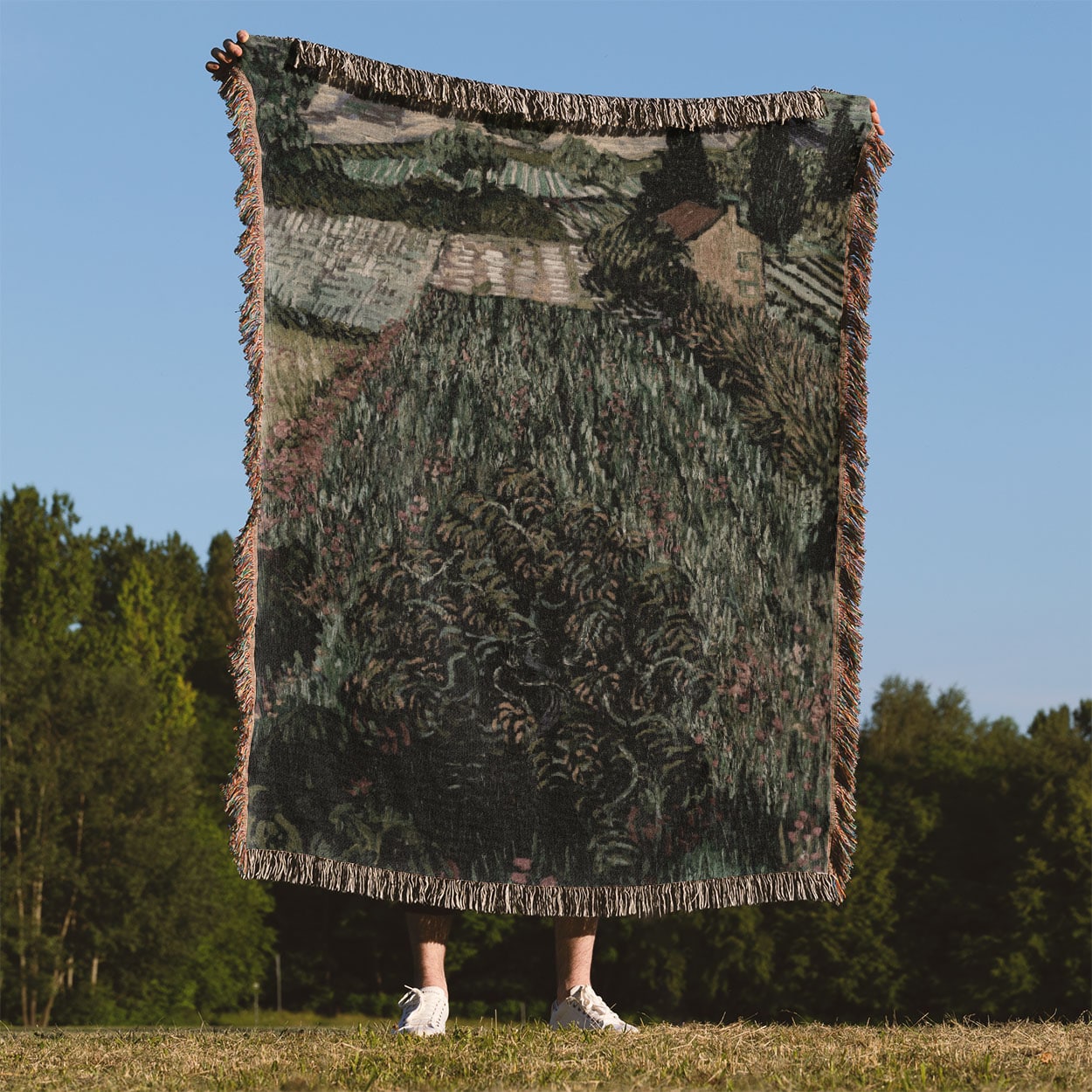 Vintage Landscape Woven Blanket Held Up Outside