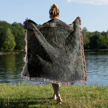 Vintage Landscape Woven Blanket Held on a Woman's Back Outside