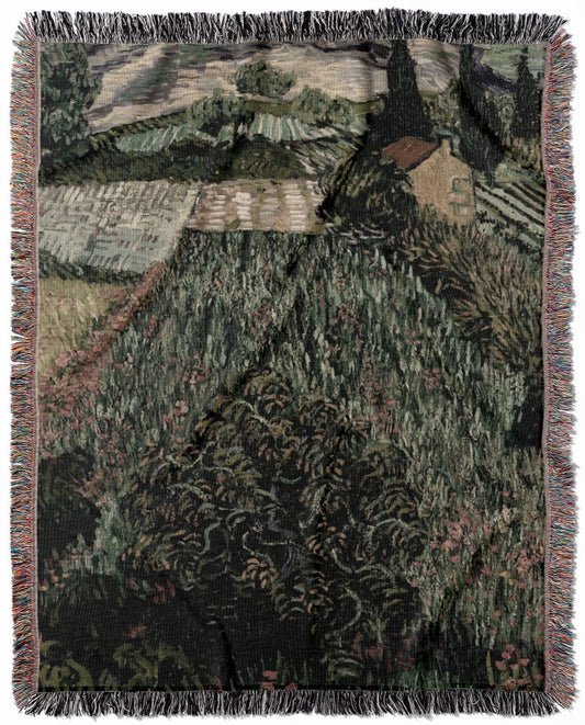 Vintage Landscape woven throw blanket, made with 100% cotton, providing a soft and cozy texture with a field of poppies design for home decor.