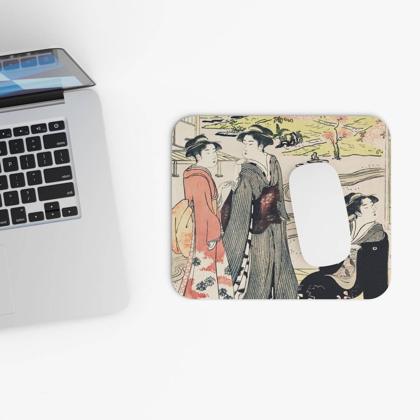 Vintage Light Japanese Aesthetic Design Laptop Mouse Pad with White Mouse