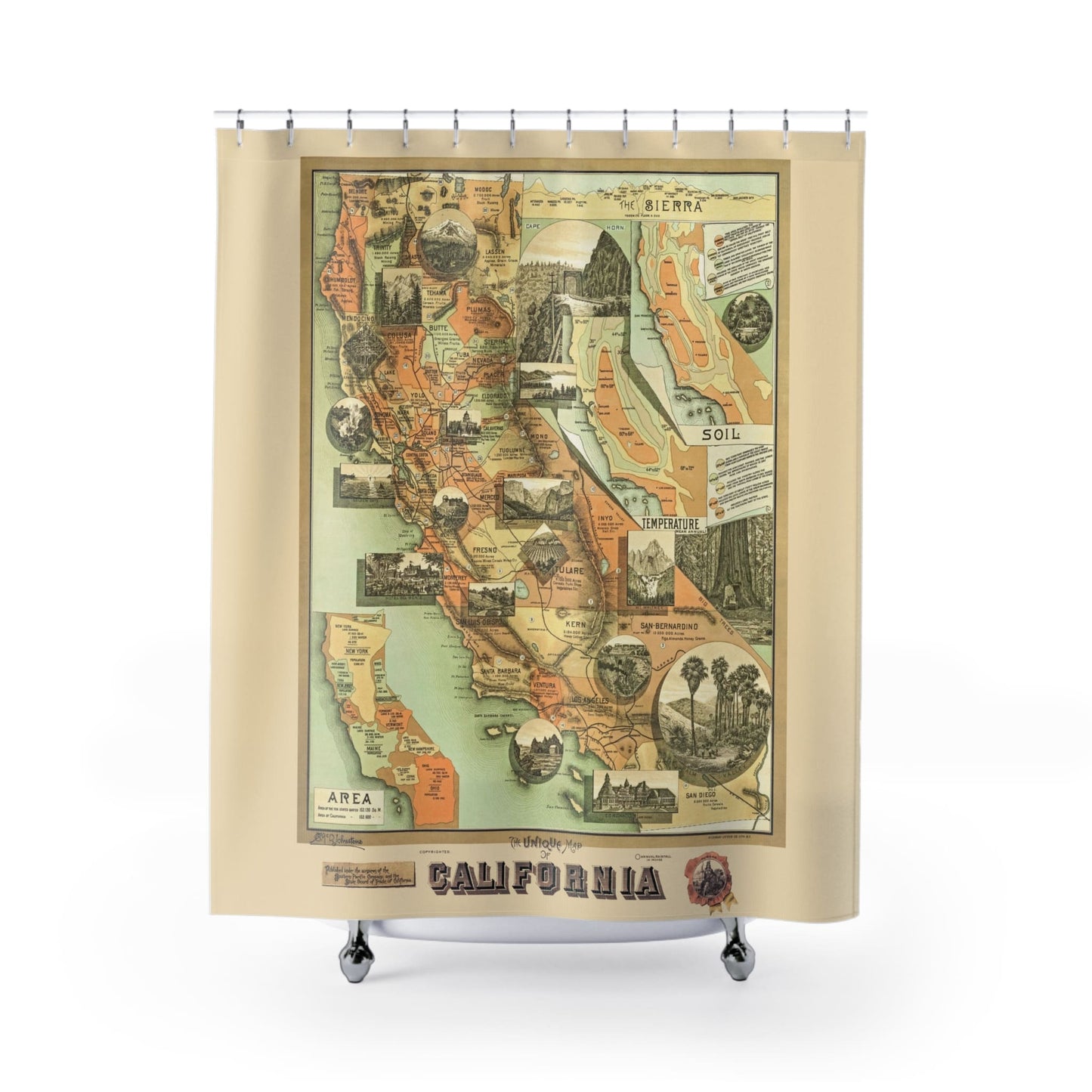 Unique Map of California Shower Curtain with pictorial design, cultural bathroom decor featuring a detailed map of California.