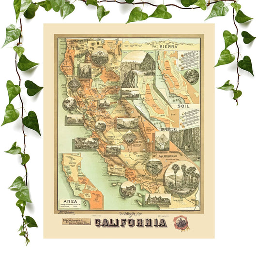 Unique Map of California art prints featuring a pictorial, vintage wall art room decor