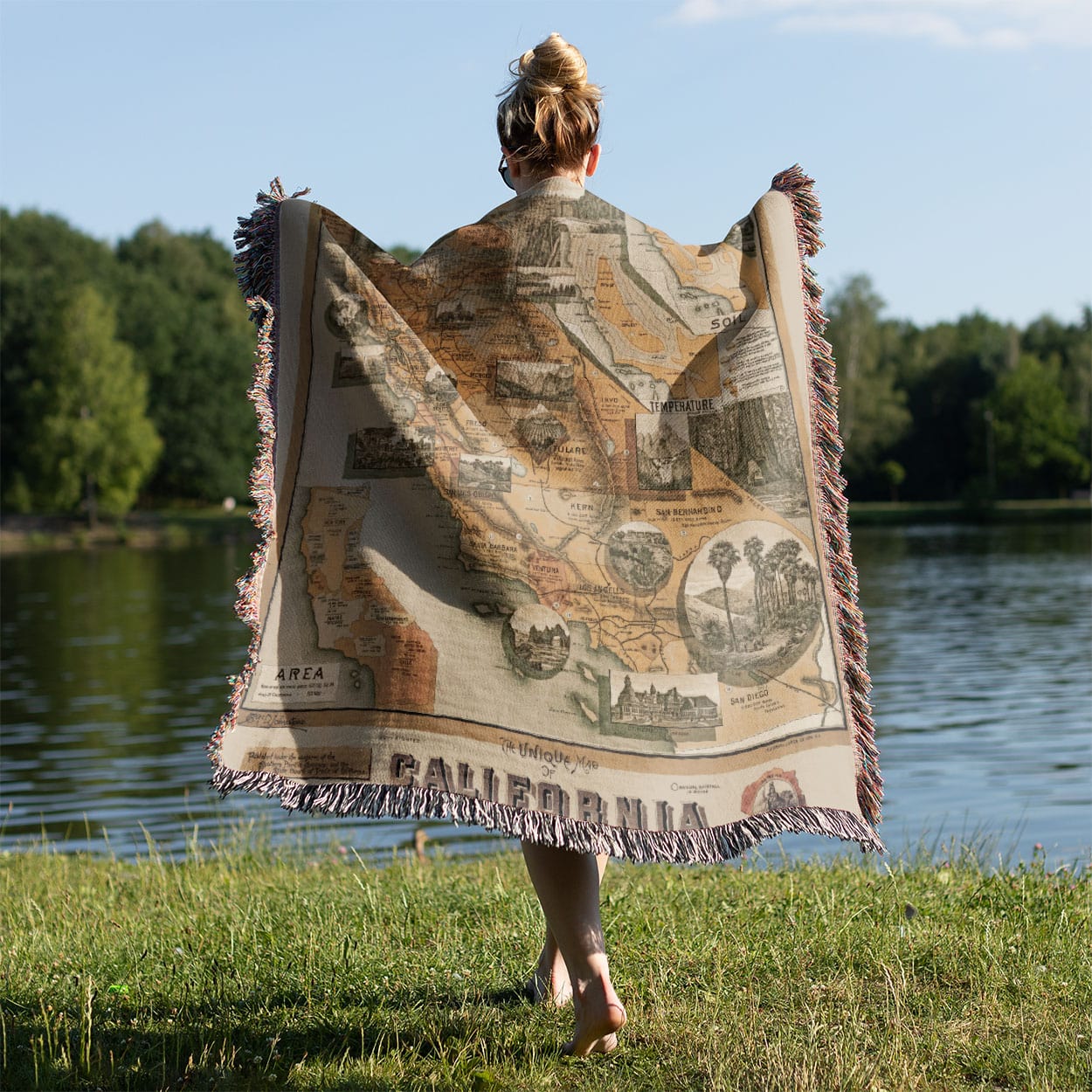 Vintage Maps Held on a Woman's Back Outside