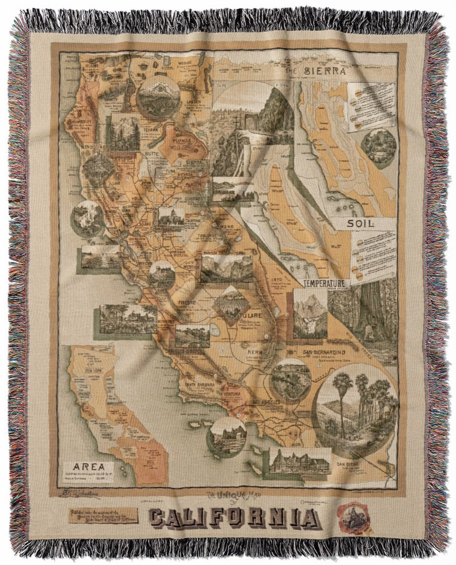 Unique Map of California woven throw blanket, made of 100% cotton, featuring a soft and cozy texture with a pictorial design for home decor.