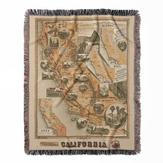 Unique Map of California woven throw blanket, made of 100% cotton, featuring a soft and cozy texture with a pictorial design for home decor.