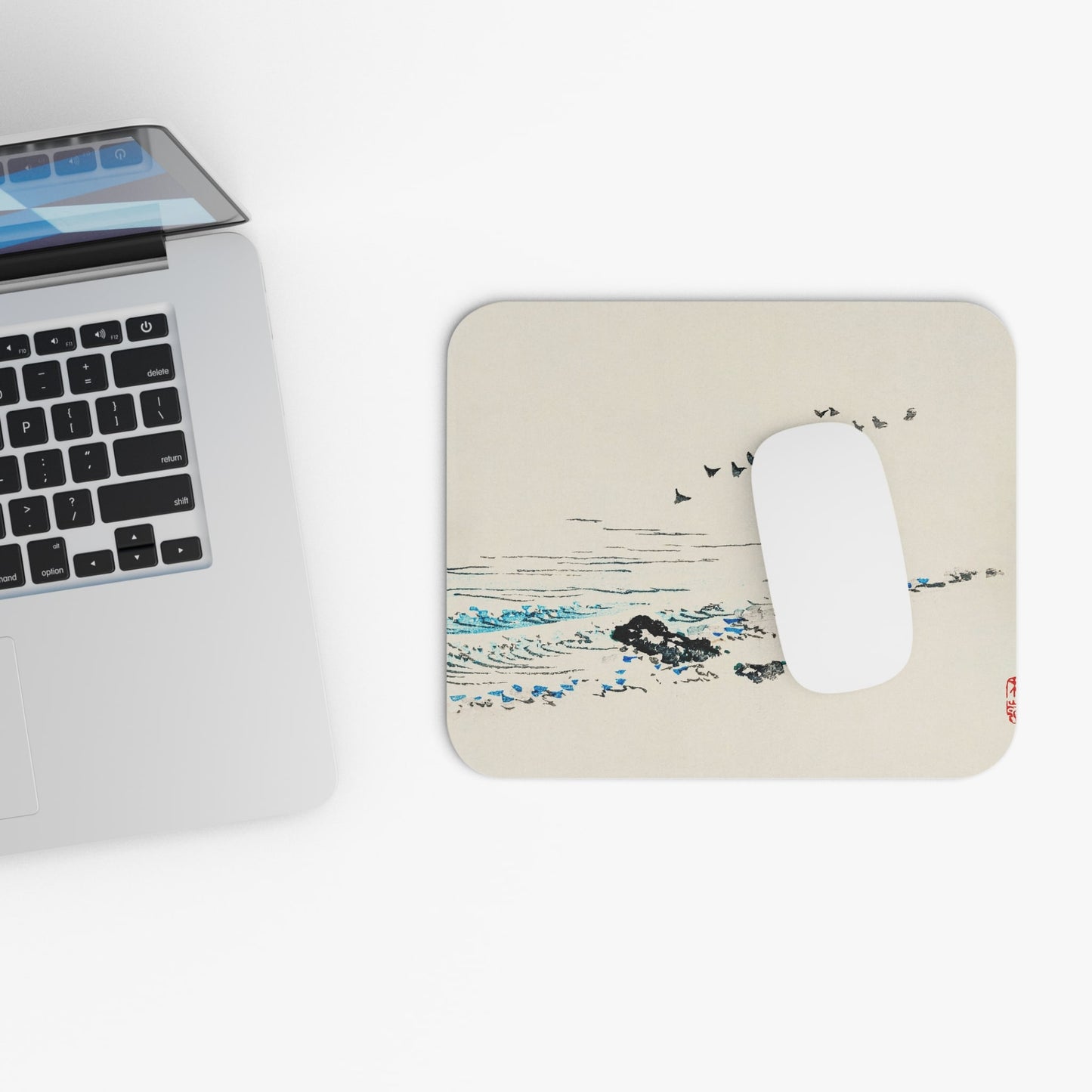 Vintage Minimalist Ocean Design Laptop Mouse Pad with White Mouse