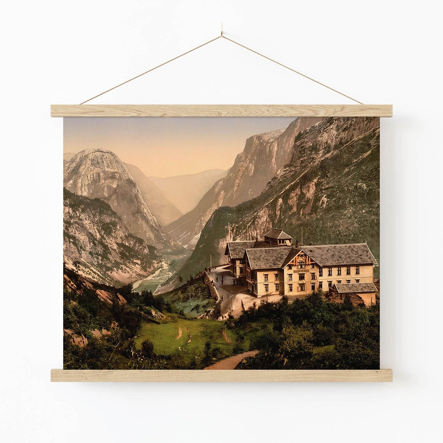Mountains and River Art Print in Wood Hanger Frame on Wall