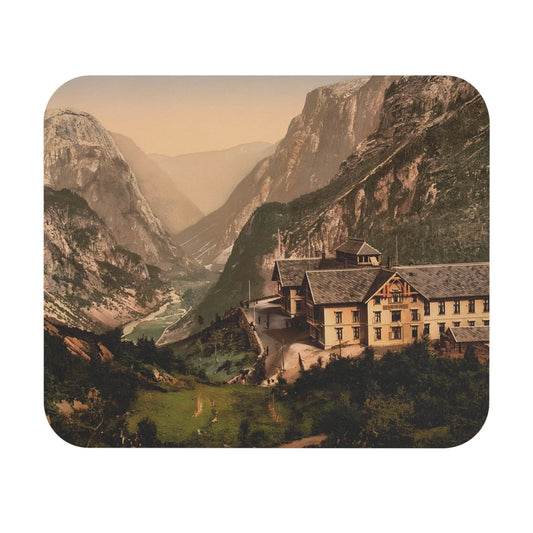 Vintage Mountain Hotel Mouse Pad showcasing a scenic landscape design, ideal for desk and office decor.