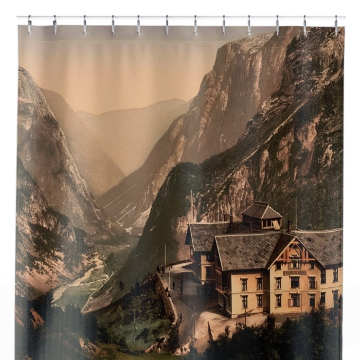 Vintage Mountain Hotel Shower Curtain Close Up, Landscapes Shower Curtains