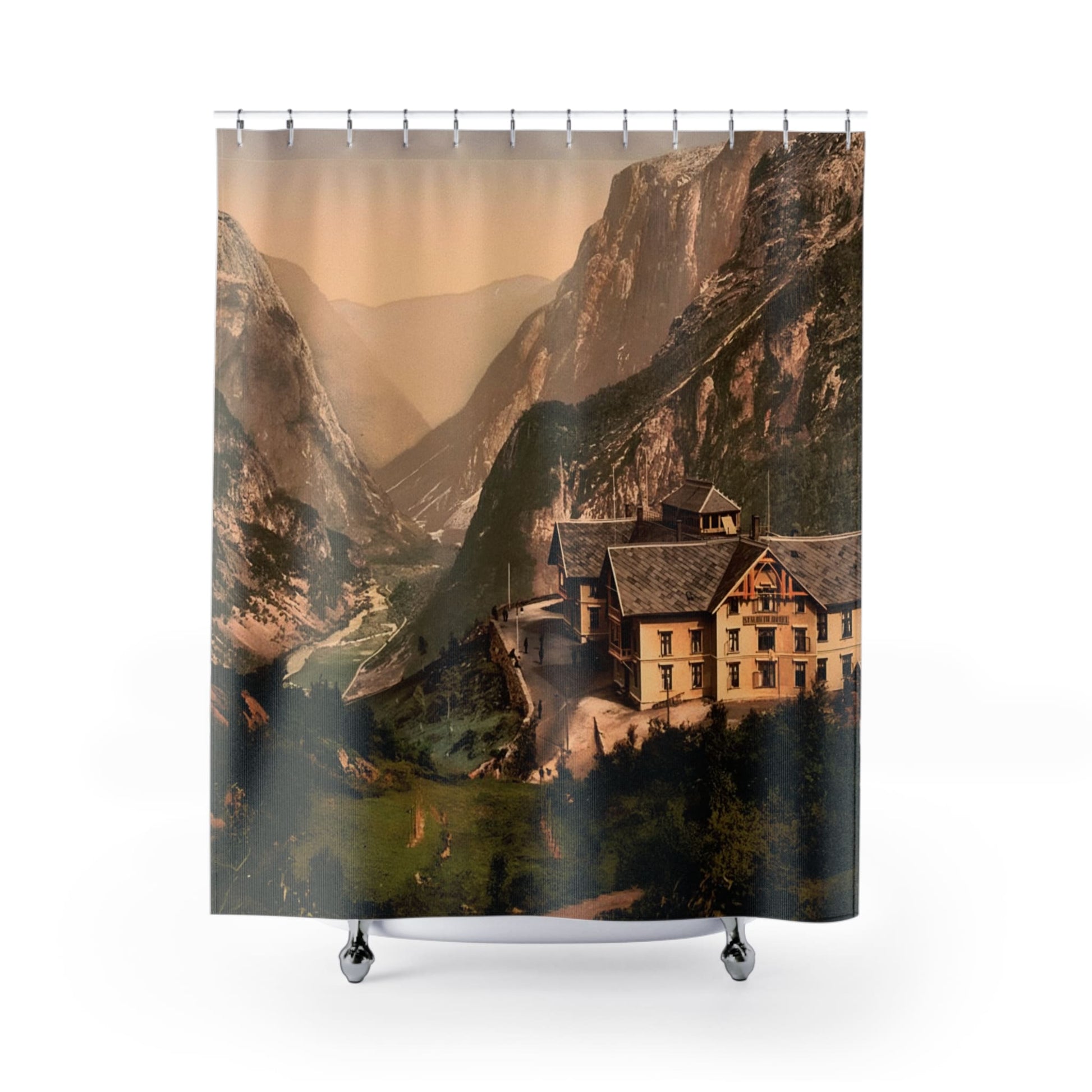Vintage Mountain Hotel Shower Curtain with scenic landscape design, picturesque bathroom decor showcasing mountain views.