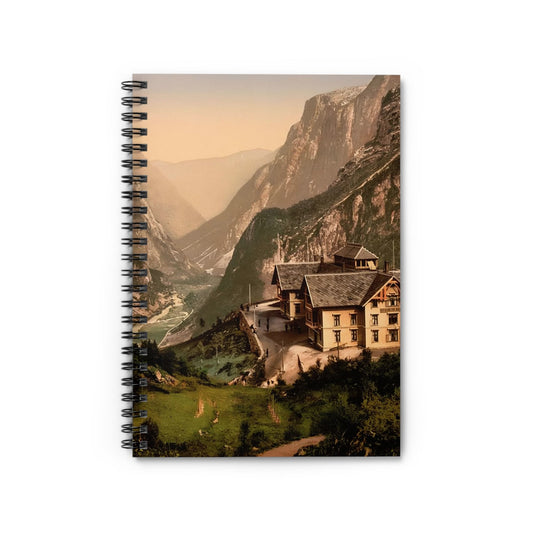 Vintage Mountain Hotel Notebook with Scenic Landscape cover, perfect for journaling and planning, featuring scenic mountain landscapes.