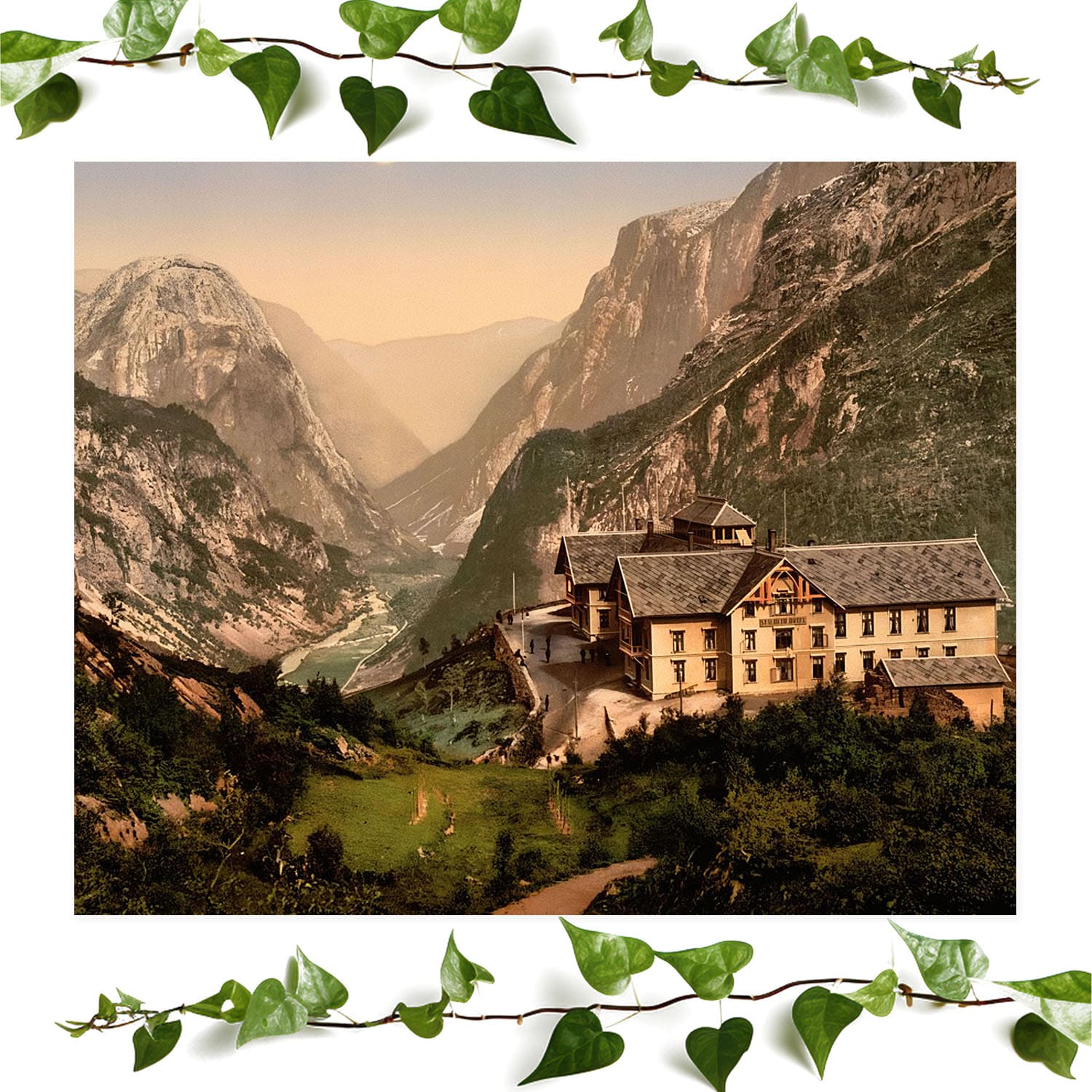 Vintage Mountain Hotel art print scenic landscape, vintage wall art room decor