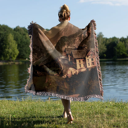 Vintage Mountain Hotel Woven Blanket Held on a Woman's Back Outside