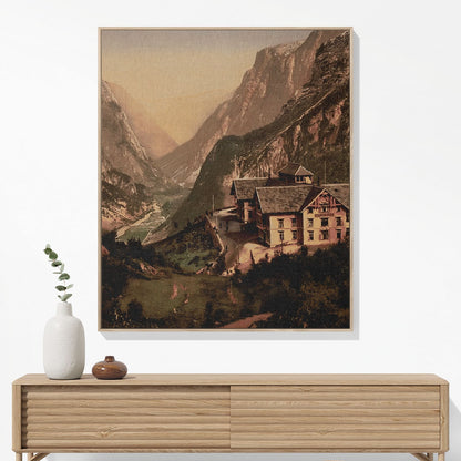 Vintage Mountain Hotel Woven Blanket Woven Blanket Hanging on a Wall as Framed Wall Art