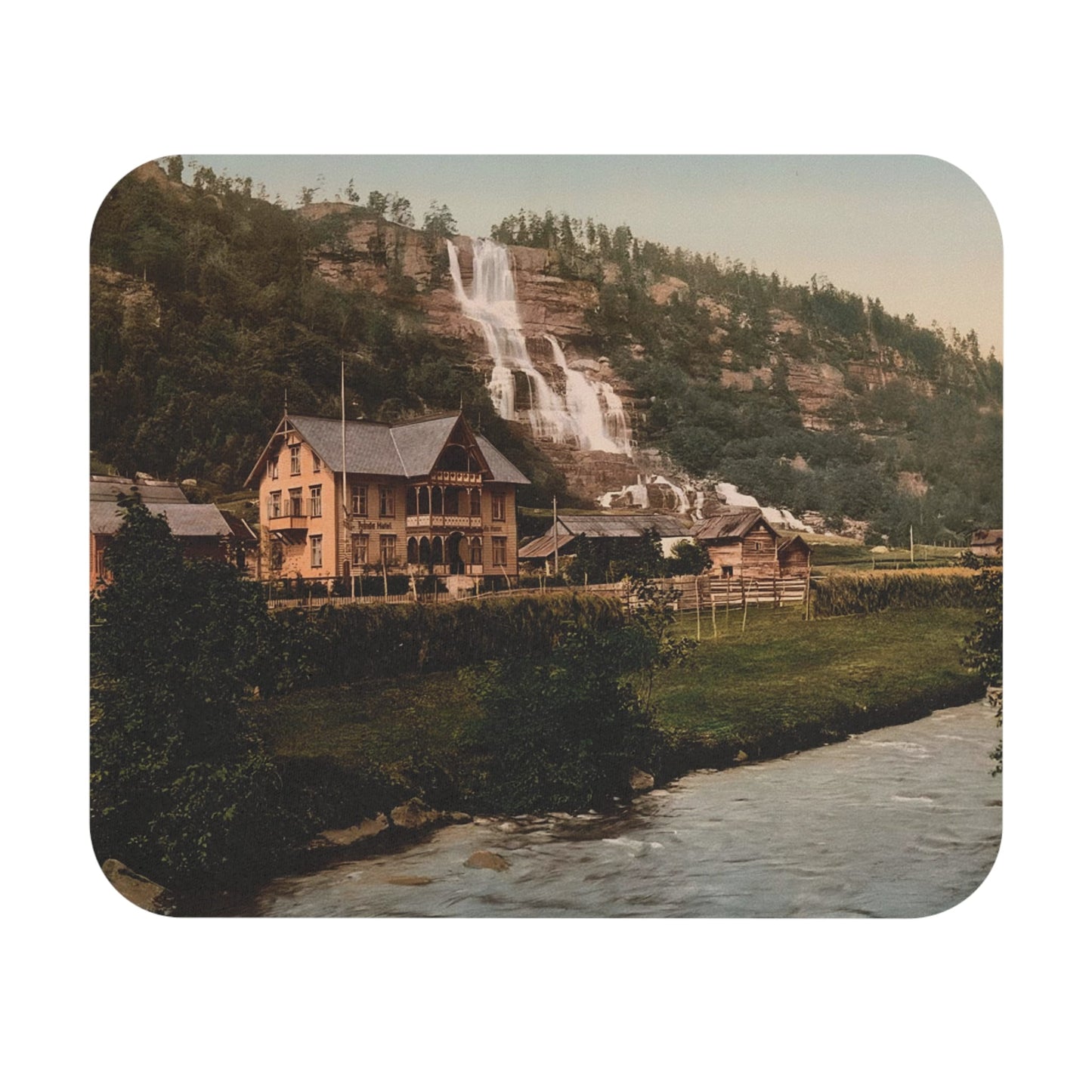 Vintage Mountain River Mouse Pad showcasing Norway scenic view, ideal for desk and office decor.