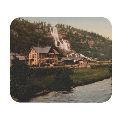Vintage Mountain River Mouse Pad showcasing Norway scenic view, ideal for desk and office decor.