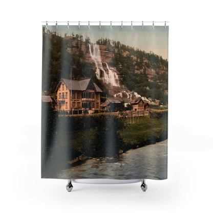 Vintage Mountain River Shower Curtain with Norway design, scenic bathroom decor featuring vintage Norwegian landscapes.