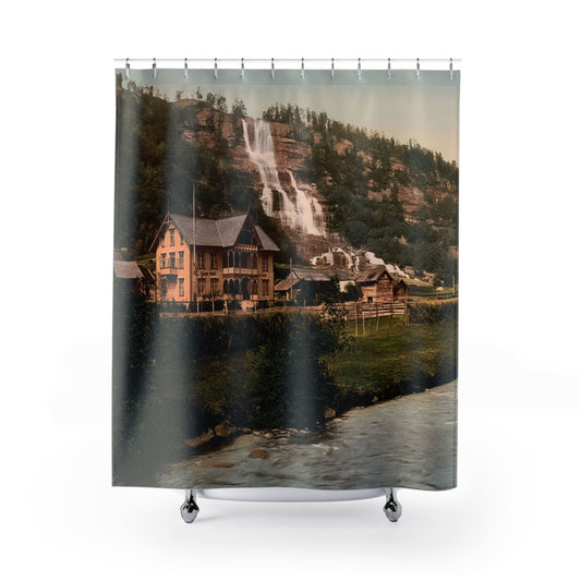 Vintage Mountain River Shower Curtain with Norway design, scenic bathroom decor featuring vintage Norwegian landscapes.
