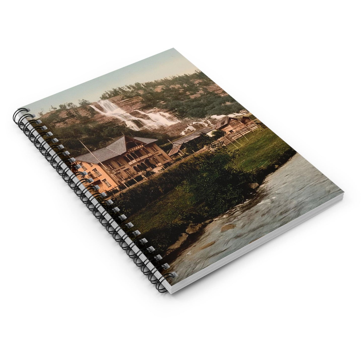 Vintage Mountain River Spiral Notebook Laying Flat on White Surface