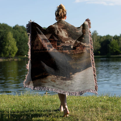 Vintage Mountain River Woven Blanket Held on a Woman's Back Outside
