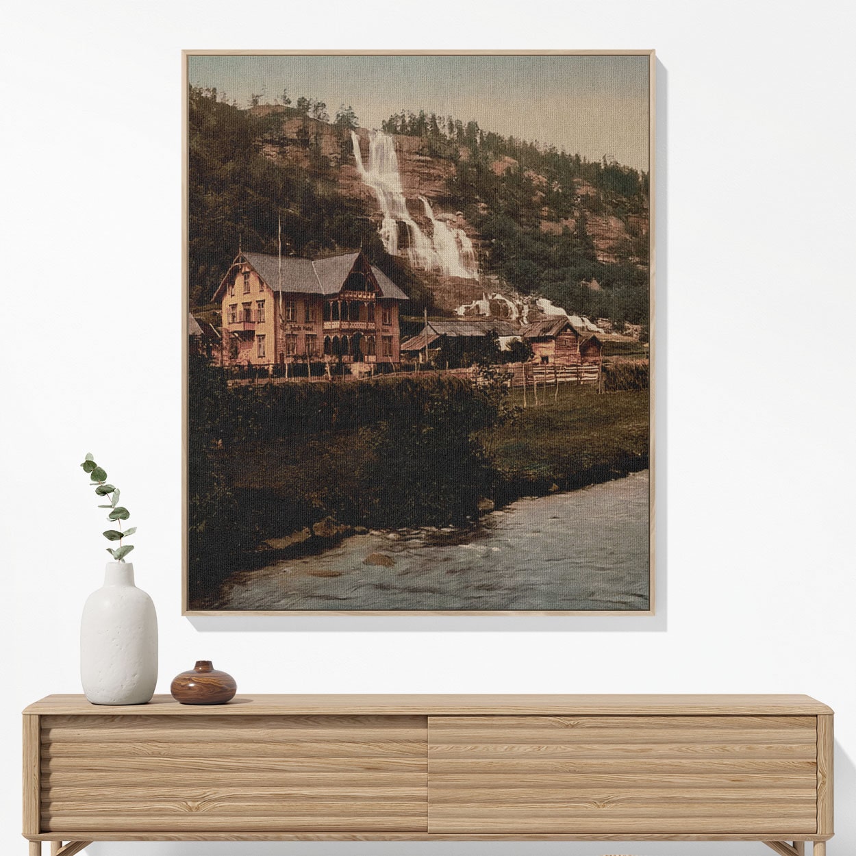 Vintage Mountain River Woven Blanket Woven Blanket Hanging on a Wall as Framed Wall Art
