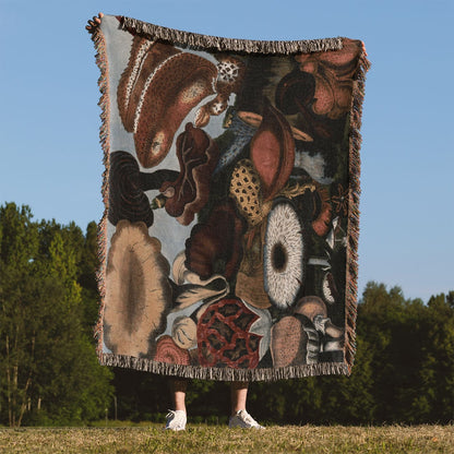 Vintage Mushroom Woven Blanket Held Up Outside