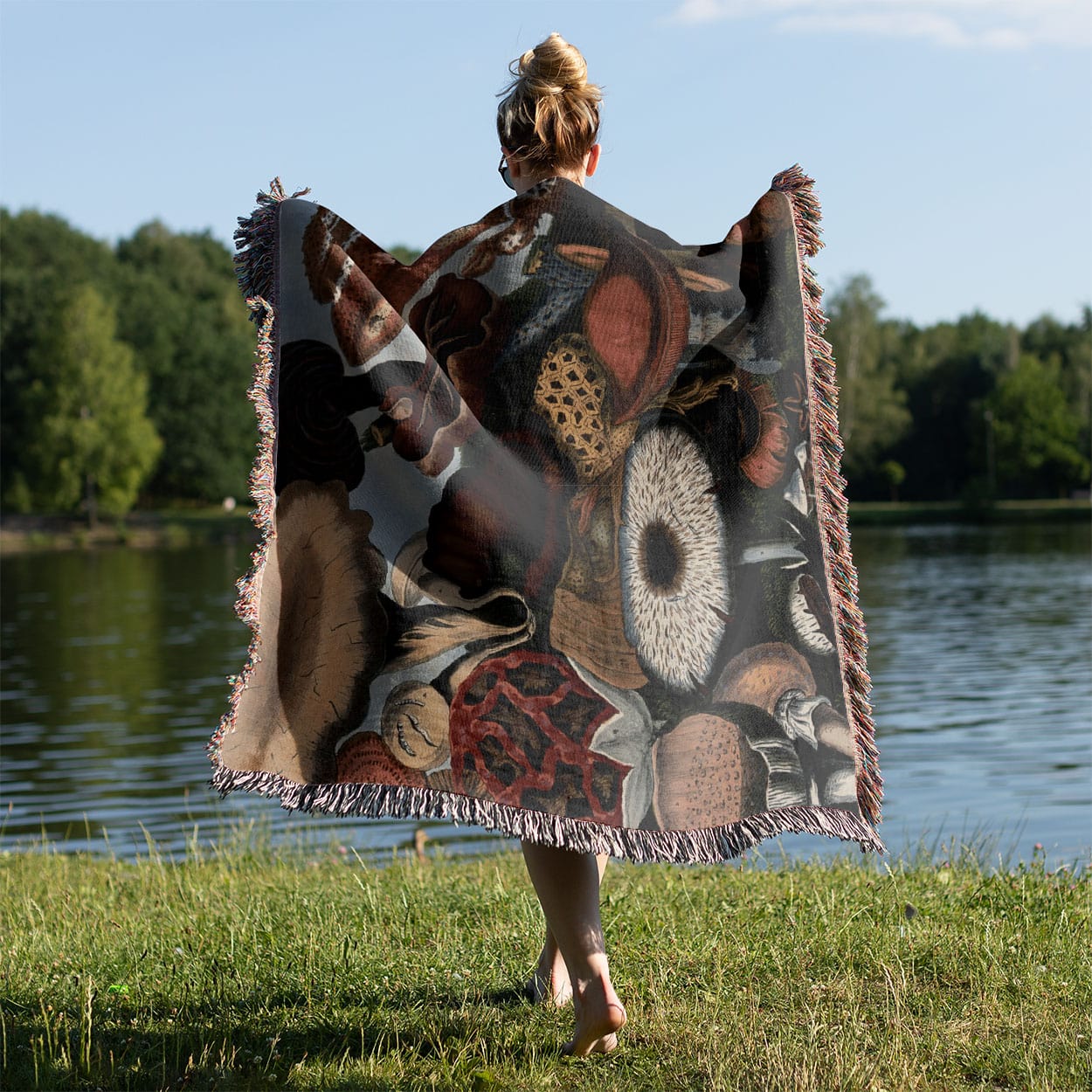 Vintage Mushroom Woven Blanket Held on a Woman's Back Outside
