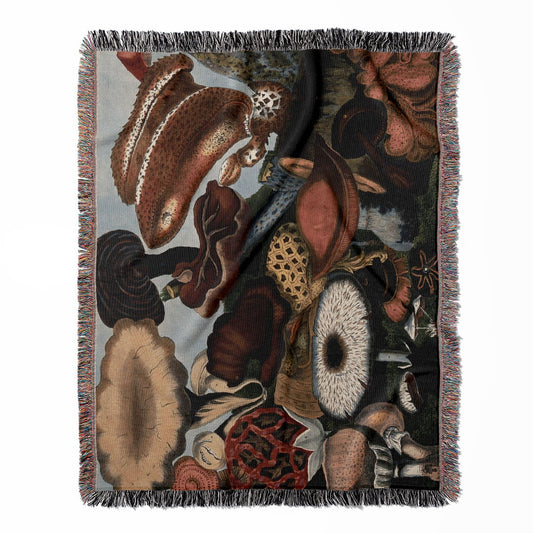 Vintage Mushroom woven throw blanket, crafted from 100% cotton, offering a soft and cozy texture with a mushrooms painting for home decor.