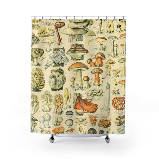Vintage Mushroom Shower Curtain with trippy mushroom design, psychedelic bathroom decor featuring unique mushroom art.