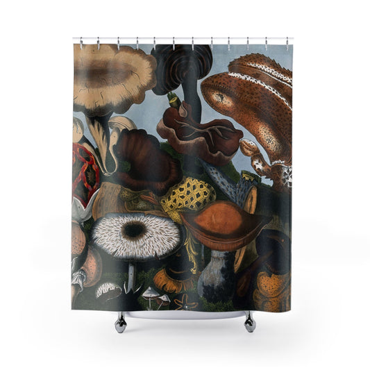 Vintage Mushroom Shower Curtain with mushrooms painting design, rustic bathroom decor showcasing classic mushroom artwork.
