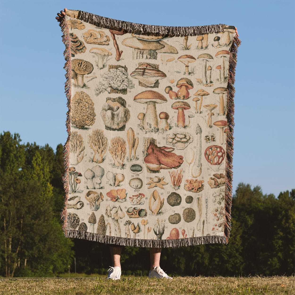 Vintage Mushroom Woven Blanket Held Up Outside