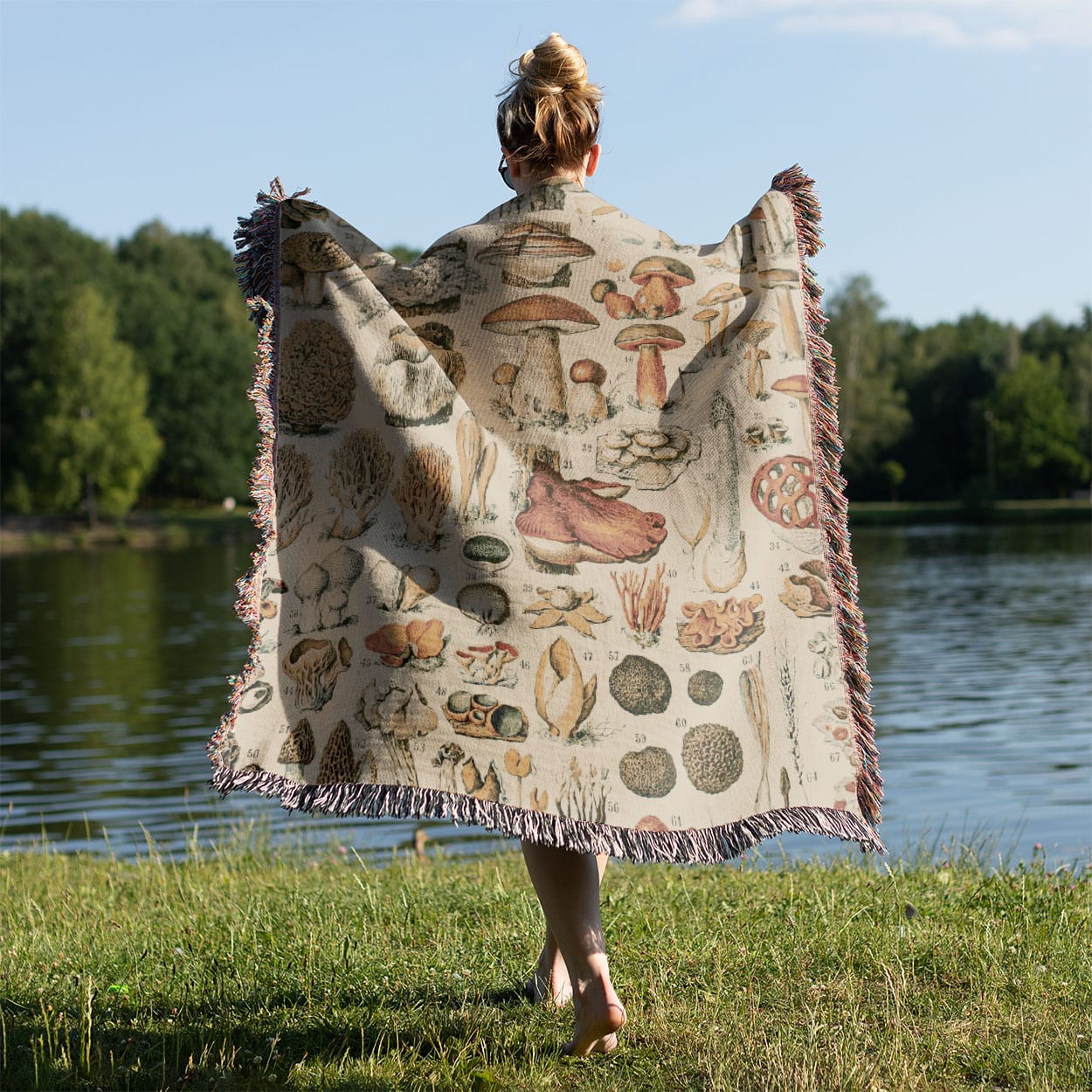 Vintage Mushroom Woven Blanket Held on a Woman's Back Outside