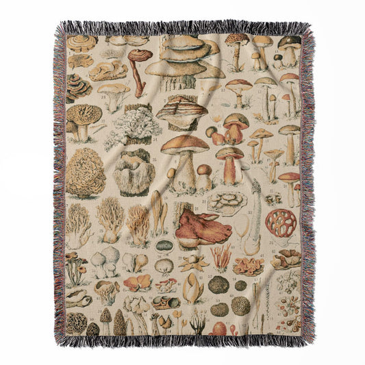 Vintage Mushroom woven throw blanket, crafted from 100% cotton, featuring a soft and cozy texture with a trippy mushroom design for home decor.