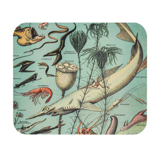 Vintage Ocean Mouse Pad highlighting sharks and eels marine design, perfect for desk and office decor.