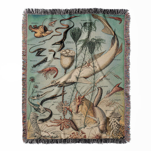 Vintage Ocean woven throw blanket, made of 100% cotton, featuring a soft and cozy texture with a sharks and eels diagram for home decor.