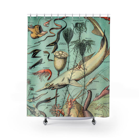 Vintage Ocean Shower Curtain with sharks and eels design, coastal bathroom decor featuring vibrant ocean life.