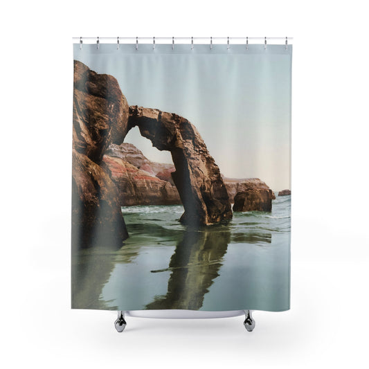 Vintage Ocean Shower Curtain with California coast design, coastal bathroom decor showcasing beautiful seaside views.
