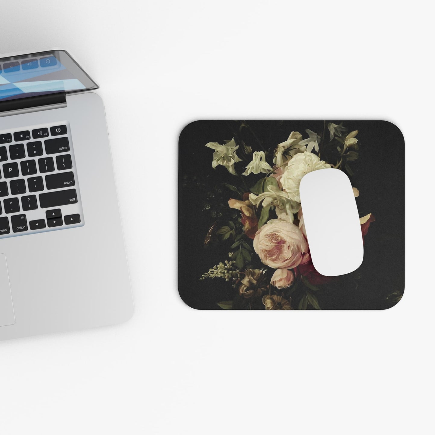 Vintage Peony Design Laptop Mouse Pad with White Mouse
