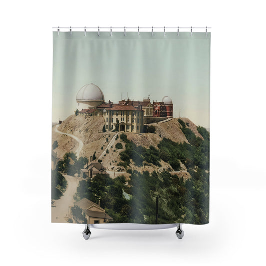 Vintage Photograph Shower Curtain with Lick Observatory design, astronomy-themed bathroom decor featuring historical observatory art.