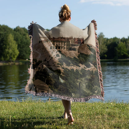 Vintage Photograph Woven Blanket Held on a Woman's Back Outside
