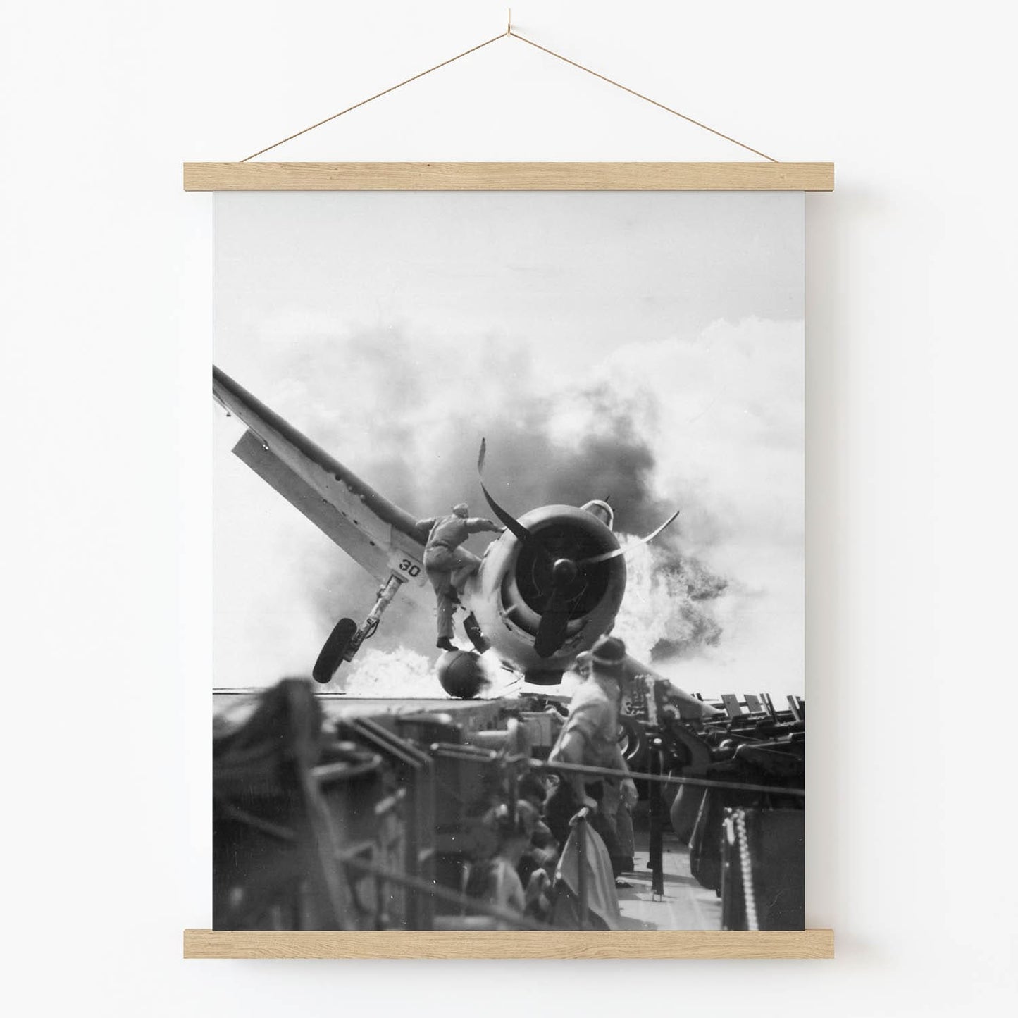 Vintage Plane Crash Photo Art Print in Wood Hanger Frame on Wall
