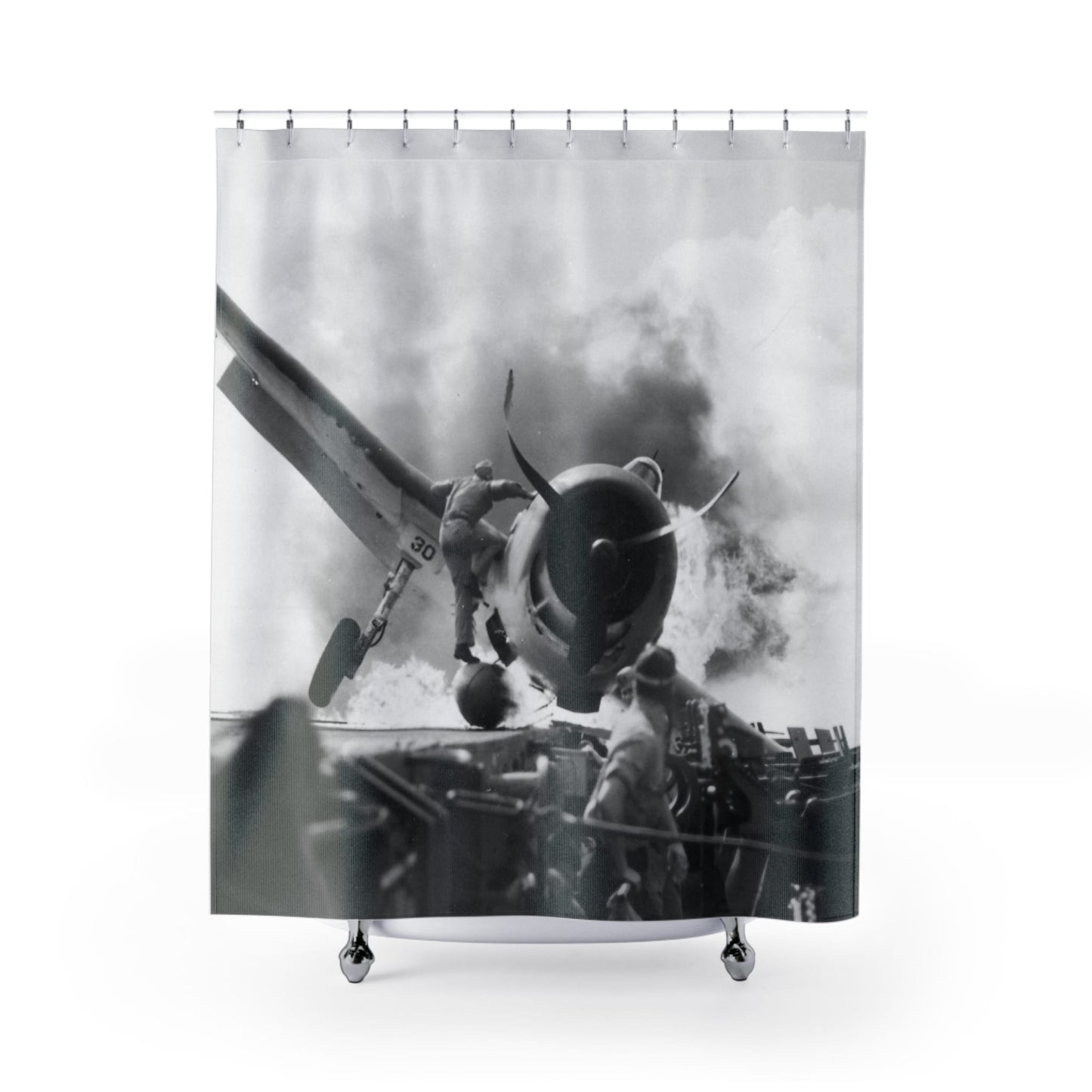 Vintage Plane Crash Photo Shower Curtain with WWII design, historical bathroom decor featuring vintage plane crash photos.